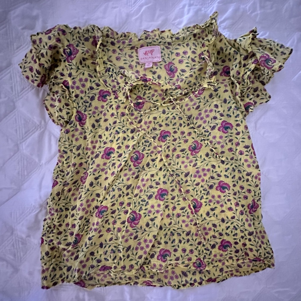 BANJANAN BOHO RUFFLE SHORT-SLEEVED TOP BLOUSE YELLOW FLORAL SM